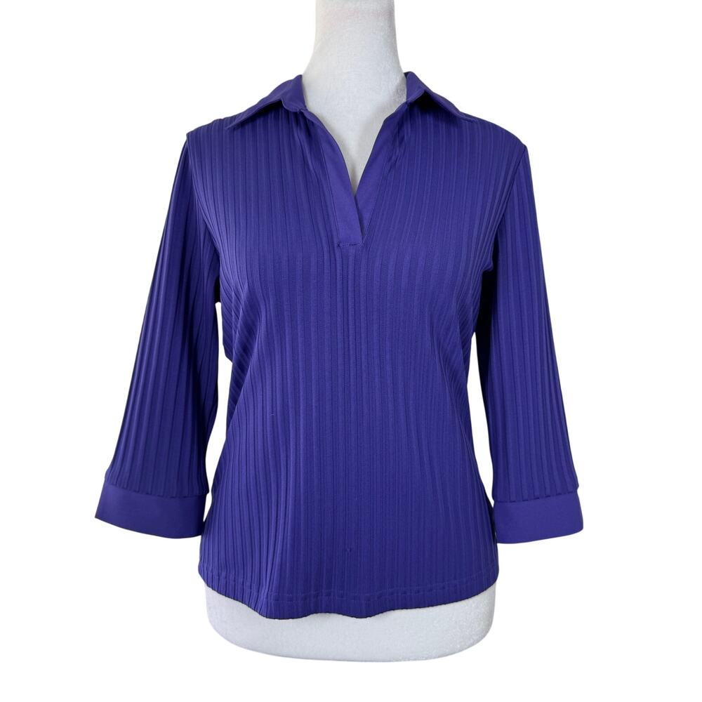 Vintage ‘90s Aqua Blues Purple Ribbed 3/4 Sleeve V-Neck Collared Blouse